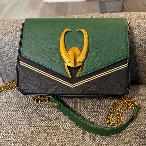 Loungefly Disney Marvel Loki hardware crossbody bag faux leather green/black - Picture 2 of 7